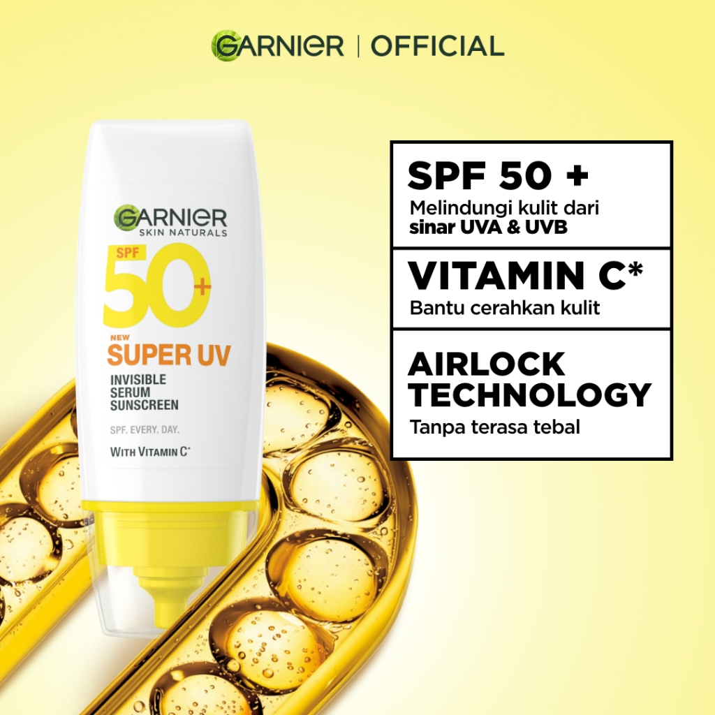 GARNIER Super UV Invisible Serum Sunscreen SPF 50+ PA++++ Vitamin C Skincare - 30ml Sunblock Mencerahkan Wajah sunscreen spf 50 pa ++++ - Gambar 2