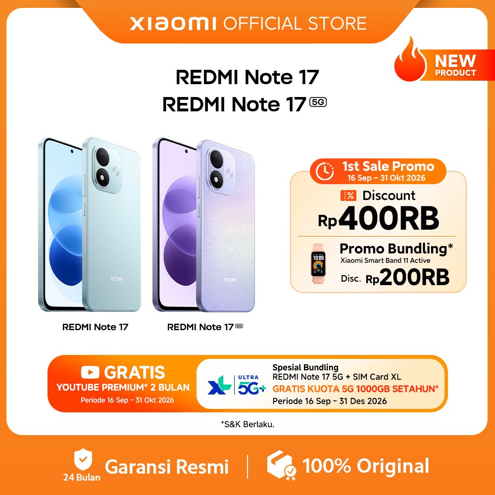 Xiaomi REDMI Note 17 (6GB+128GB) (6GB+256GB) / REDMI Note 17 5G (6GB+128GB) (8GB+256GB) / 7700mAh & 45W Turbo Charging / Layar jernih 6.99" AMOLED FHD+ eye-care / IP65 Tahan Debu & Percikan Air / Prosesor Snapdragon® 4 Gen 4* [Xiaomi Official Store]