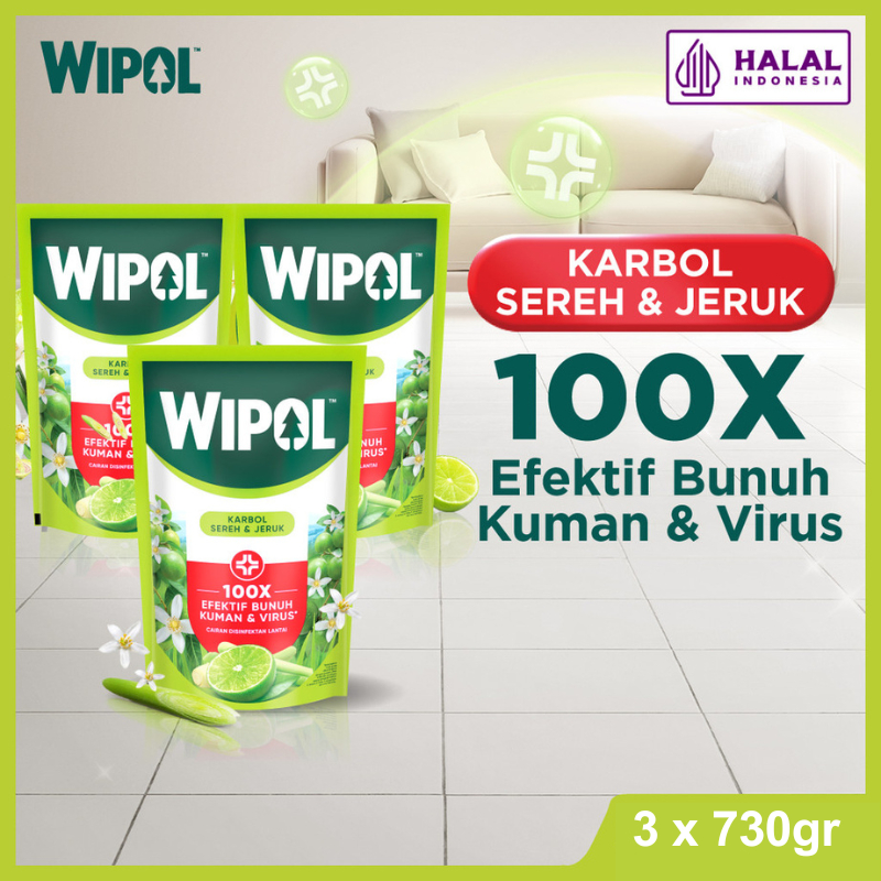 Wipol Pembersih Lantai Cairan Disinfektan Teruji Dermatologis Sereh & Jeruk 730gr x3