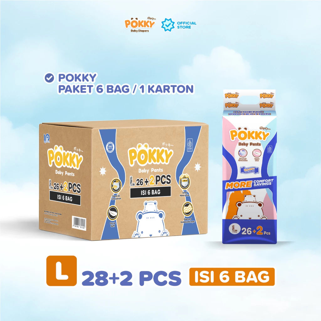 POKKY Pants Popok Celana Bayi KARTON (6 BALL) SIZE M28+2/L26+2/XL24+2/XXL22+2 x 6 BALL ( 1 KARTON) - Gambar 2