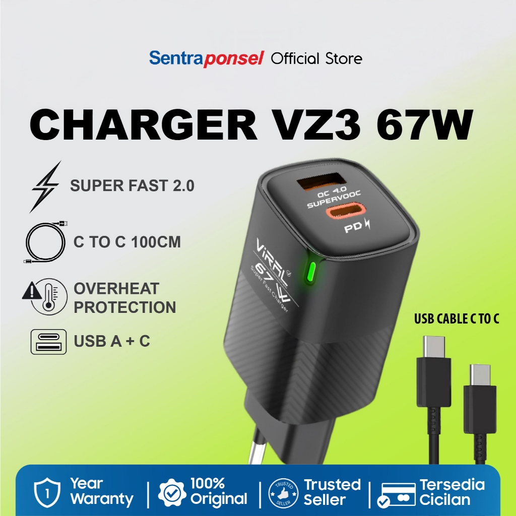 VIRAL 67W GaN CHARGER PD DUAL PORT LED FAST CHARGING VZ3 HITAM