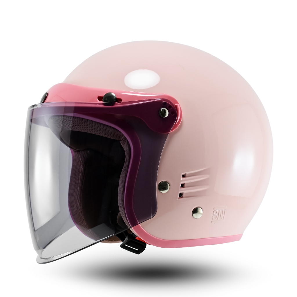Helm Bipplast CEWEK Retro Bogo Solid LUMINOS Wanita Kekinian Kaca Datar SNI Motorcycle - Gambar 2