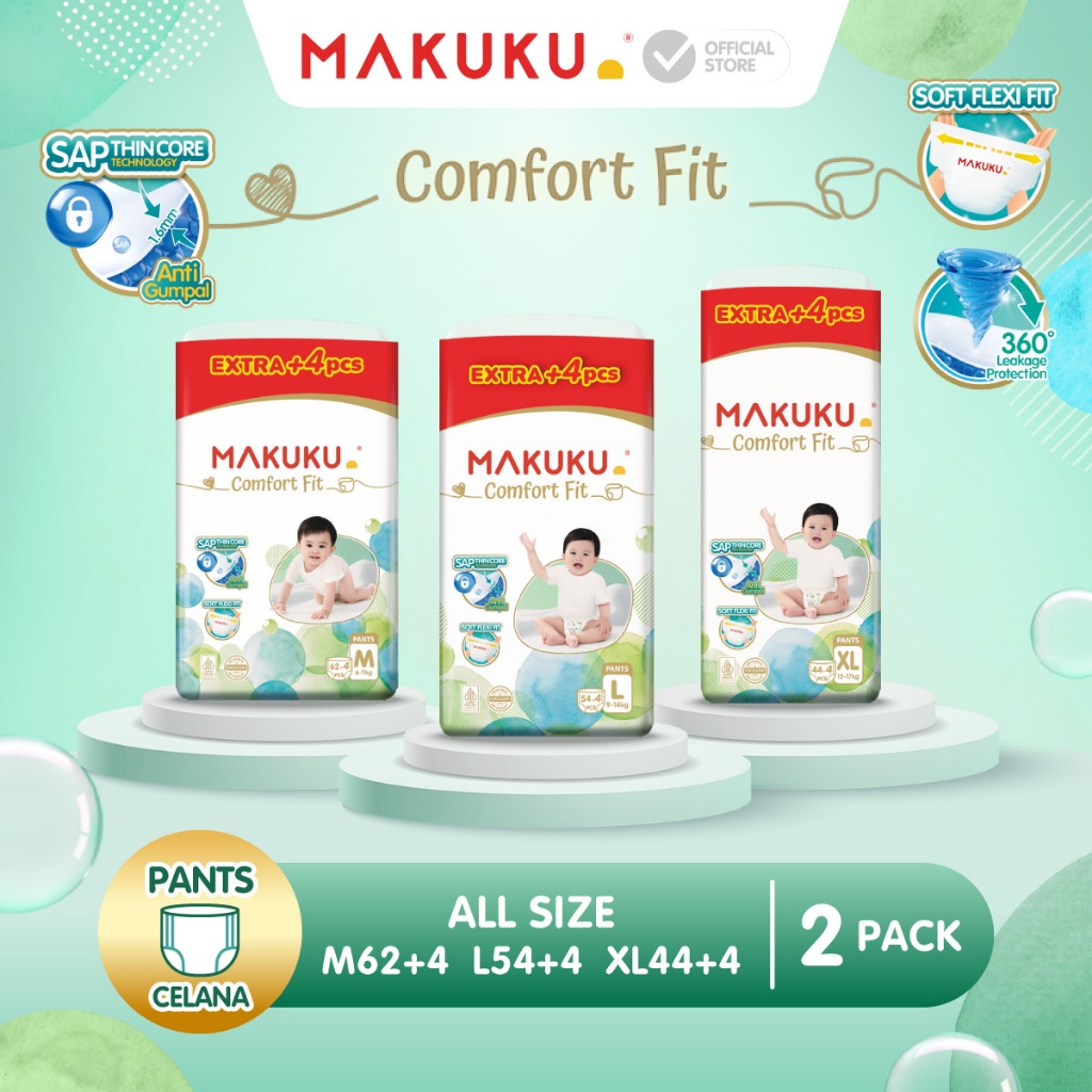 [2 PACK] Makuku SAP Diapers Comfort Fit 3.0 Plus Extra Jumbo +4 Pack Celana / Pants Popok Bayi M62+4 / L54+4 / XL44+4
