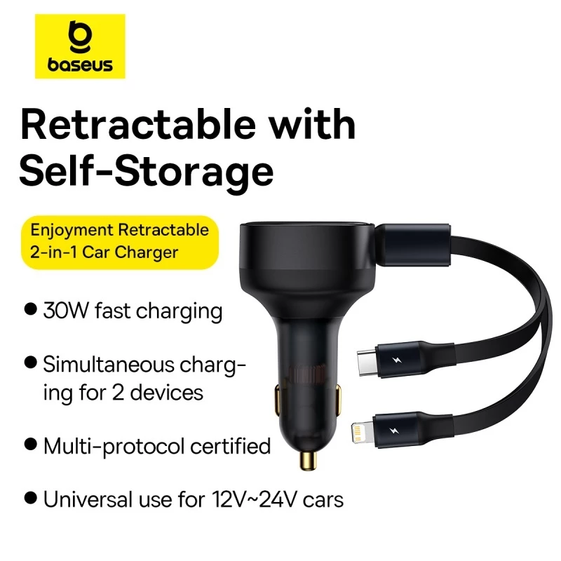 Baseus Enjoyment Retractable 2-in-1 Car Charger C+L 30W