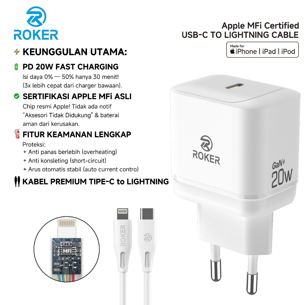 ROKER Charger RCM101 iPhone 20W GaN + Kabel USB-C to Lightning Apple MFi Certified - Gambar 2