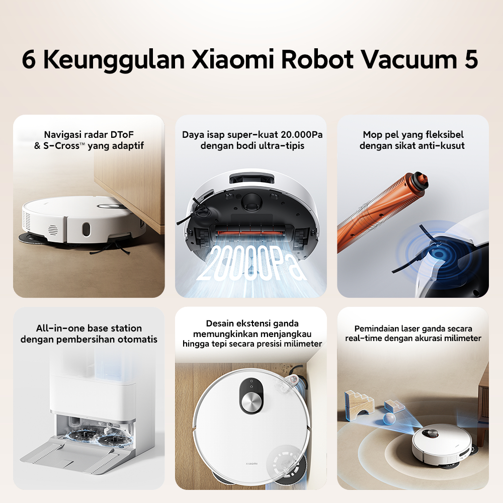 Xiaomi Robot Vacuum 5 / Navigasi radar DToF & S-Cross adaptif / Daya isap super kuat 20.000Pa dengan bodi ultra-tipis / Mop pel fleksibel sikat anti kusut / Vacuum Cleaner [Xiaomi Official Store] - Gambar 2