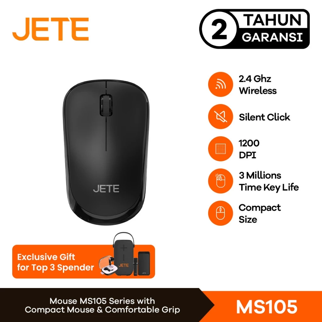 Mouse Wireless JETE MS105 Mouse 1200 DPI 3 Level Mouse Tanpa Kabel USB Dongle Silent Click Mouse Kantor Komputer Laptop Windows For Macbook