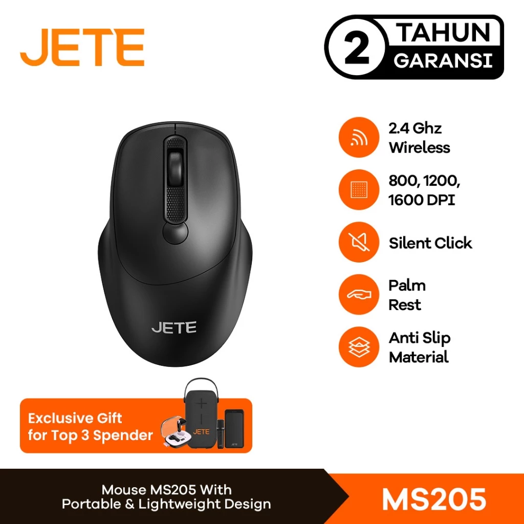 JETE Mouse Wireless MS205 2.4GHz 1600Dpi Ergonomic Silent Click & Palm Rest Area untuk Kantor Komputer Laptop (RTL)