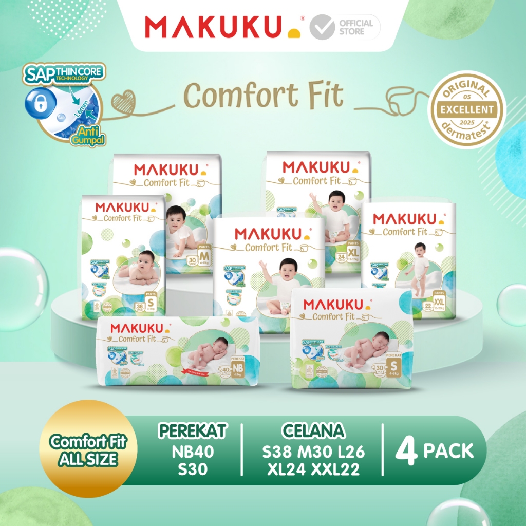 [4 PACK] Makuku SAP Diapers Comfort Fit 3.0 Pants & Tape / Celana & Perekat Popok Bayi Regular Pack NB40 / S30 / S38 / M30 / L26 / XL24 / XXL22