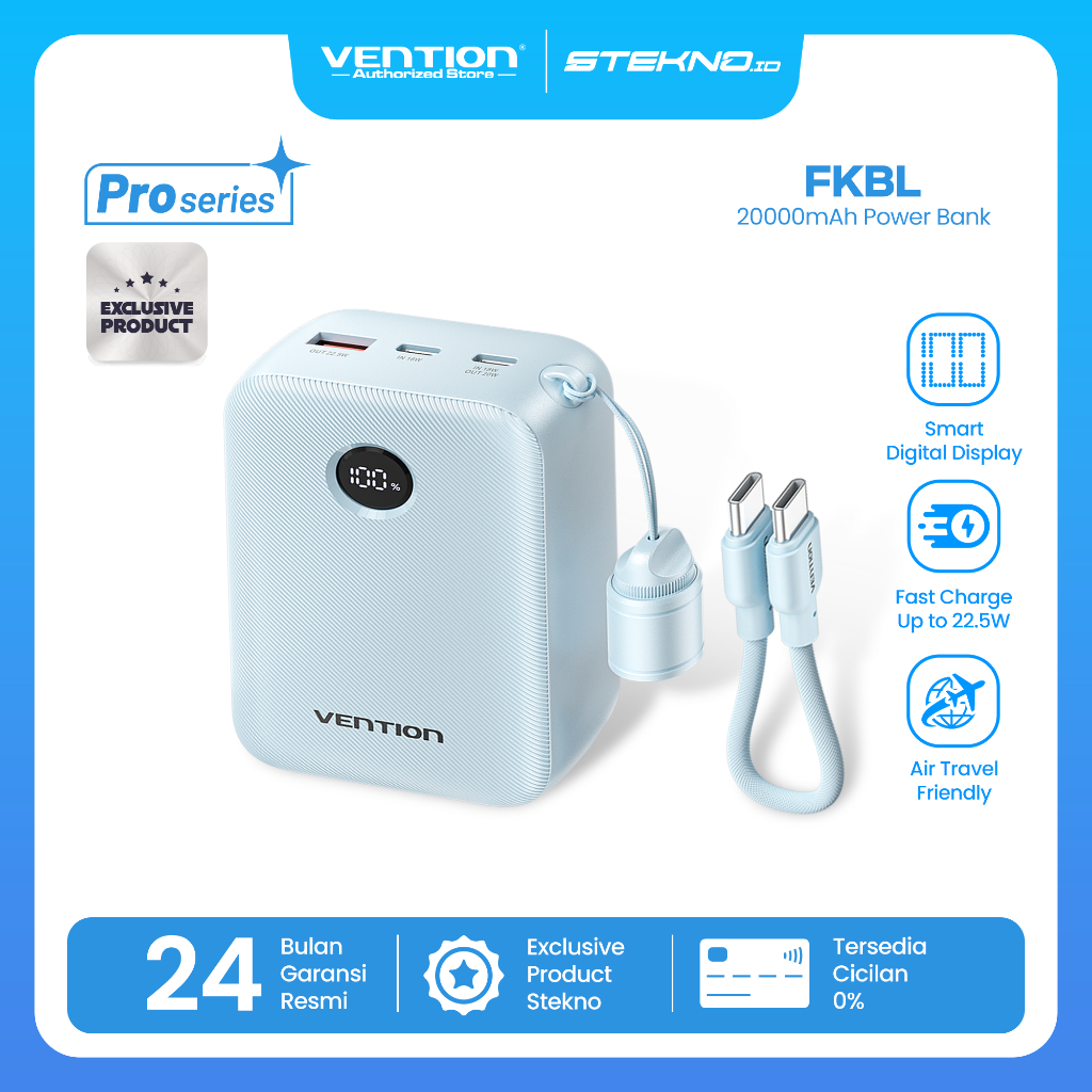 Vention Powerbank Pro Series 20000mAh 22.5W Built in Cable Fast Charging Dual Port USB-C USB-A for iPhone Android