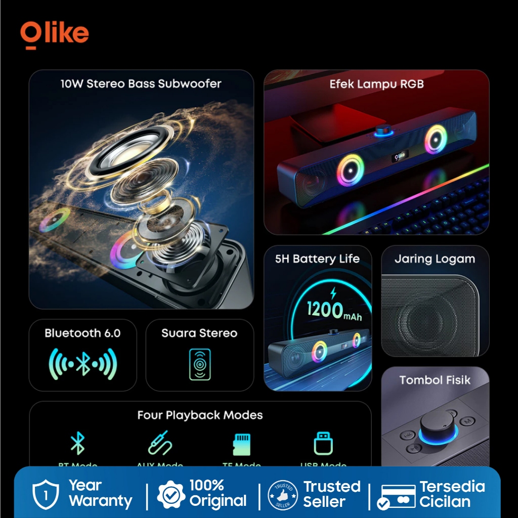 OLIKE Speaker Soundbar S5H + RGB 1200mAh, Surround Sound 10W Subwoofer Stereo Bass Max Bluetooth 6.0 - Gambar 2