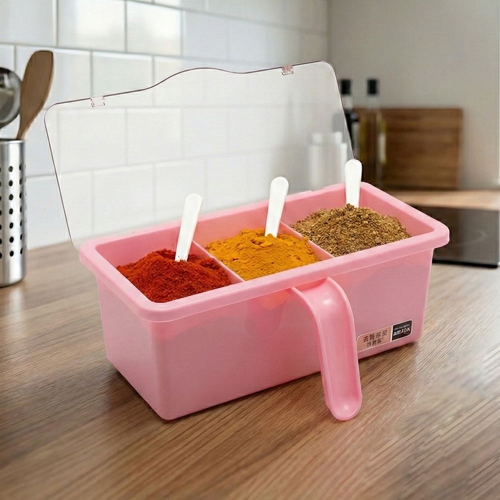Tempat Bumbu Dapur Transparan 3 Sekat Plastik - Gambar 2