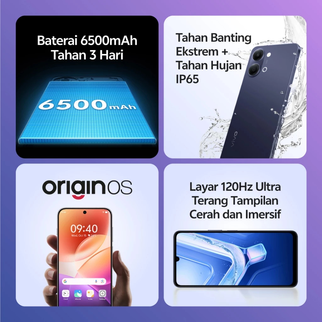 vivo Y05 - Desain Premium, 6500mAh Tahan 3 Hari, IP65 Tahan Hujan, Tahan Banting Ekstrem, Origin OS Performa Lancar, Layar Ultra Tenang 1200nits - Gambar 2