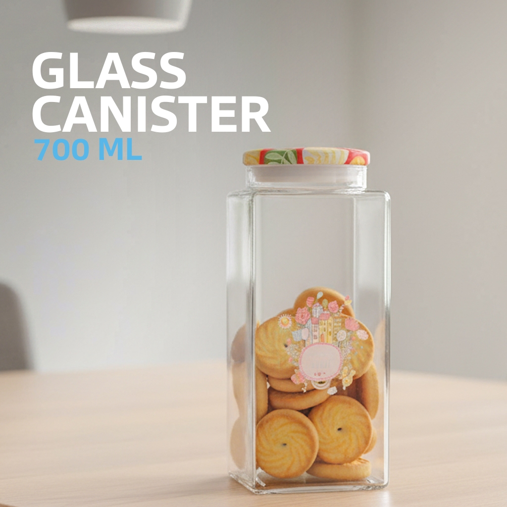 Toples Kaca Kotak 970 ml Toples Snack Kaca Kedap Udara