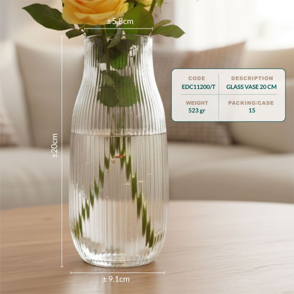 Vas Kaca Tebal Bening Motif Garis Dekorasi Estetik 20 cm - Gambar 3