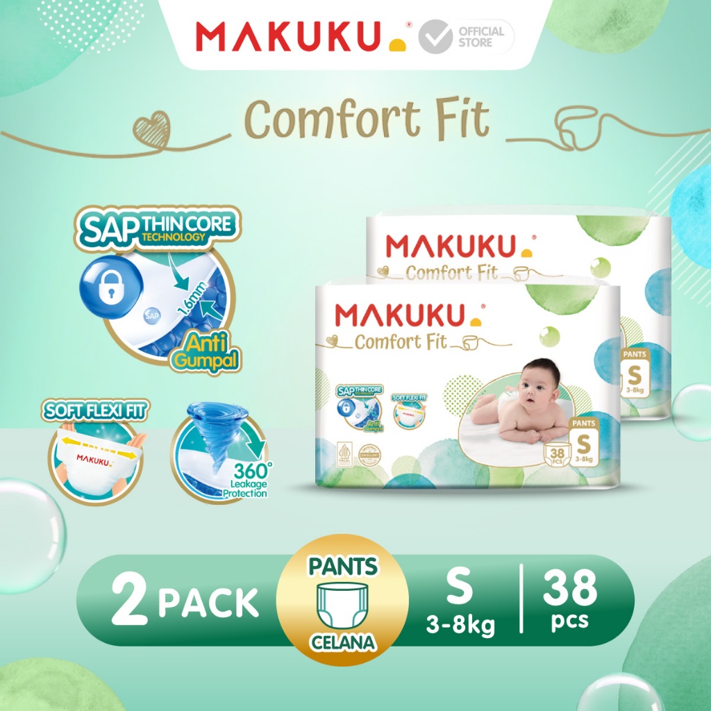 [2 PACK] Makuku SAP Diapers Comfort Fit 3.0 Celana / Pants Popok Bayi Regular Pack S38
