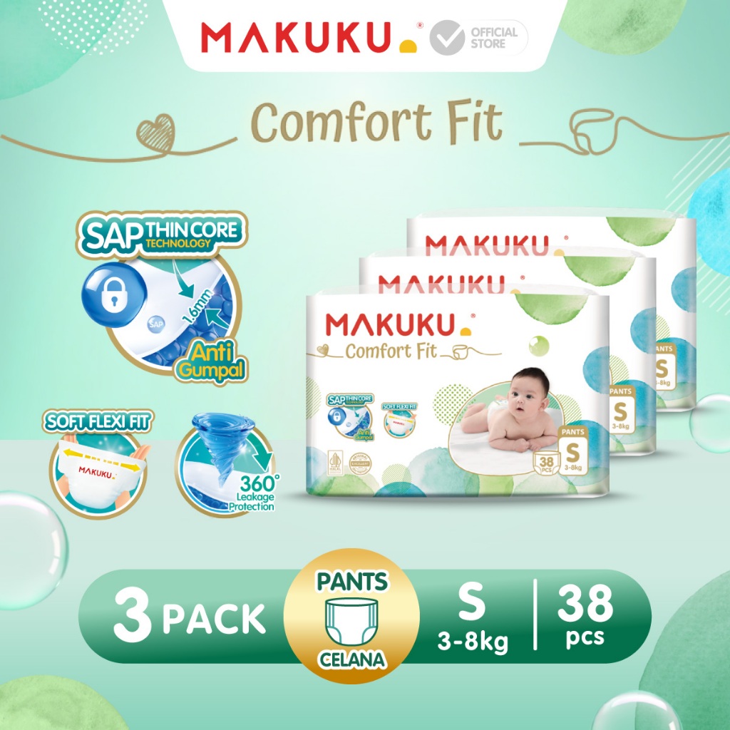 [3 PACK] Makuku SAP Diapers Comfort Fit 3.0 Celana / Pants Popok Bayi Regular Pack S38