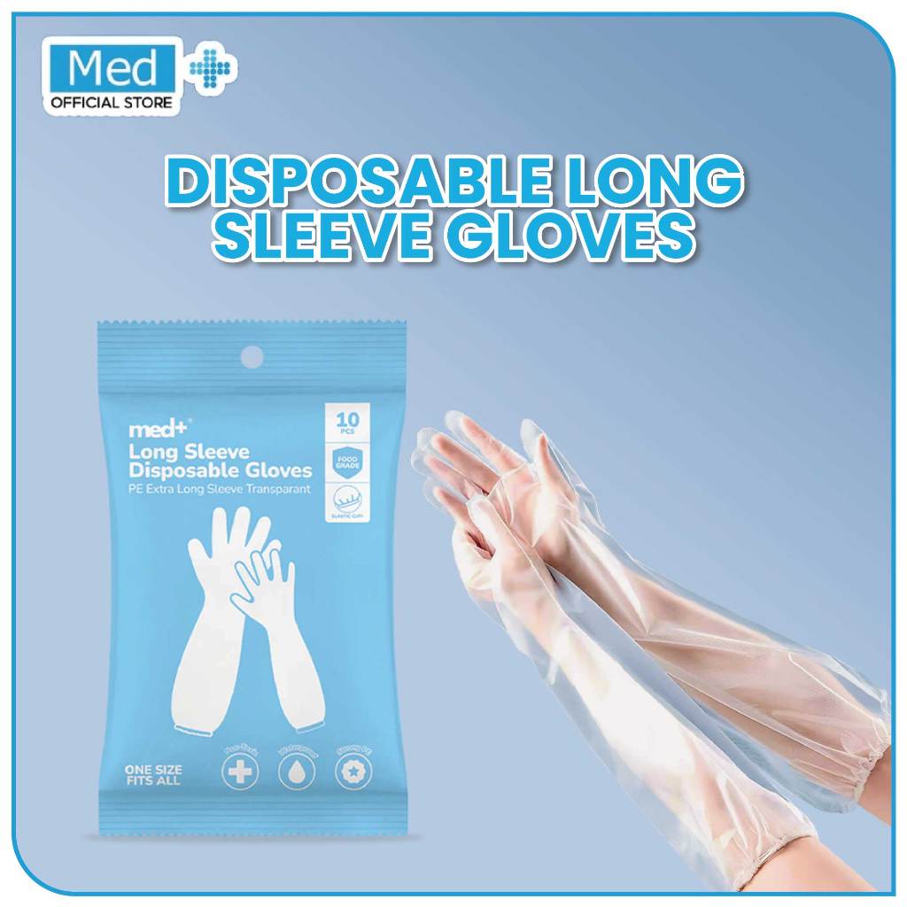 Med+ Disposable PE Long Sleeve Plastic Gloves 58cm / Sarung Tangan Lengan Panjang Plastik Sekali Pakai 10 Pcs (5 Pasang)