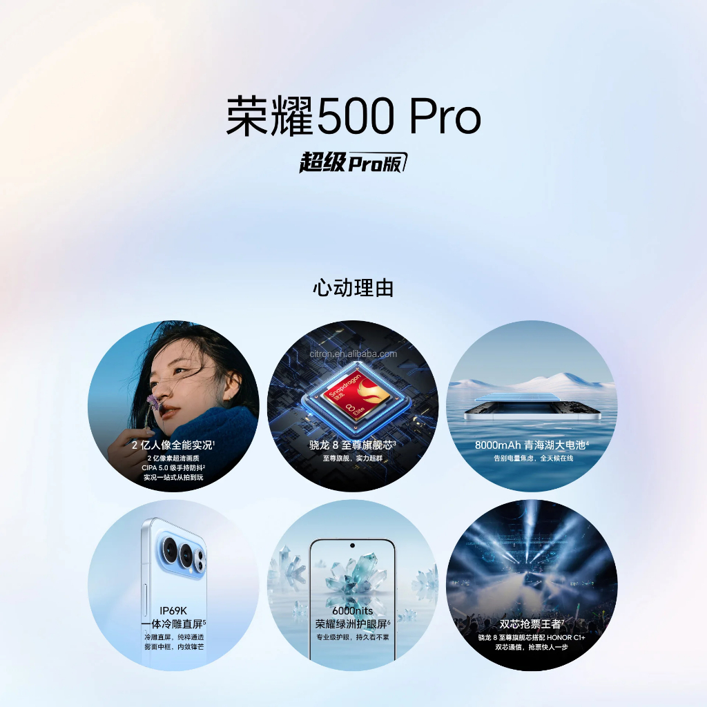 Honor 500 Pro 5G 6.55''AMOLED 120HZ Snapdragon 8 Elite 8000mAh 80W - Gambar 2