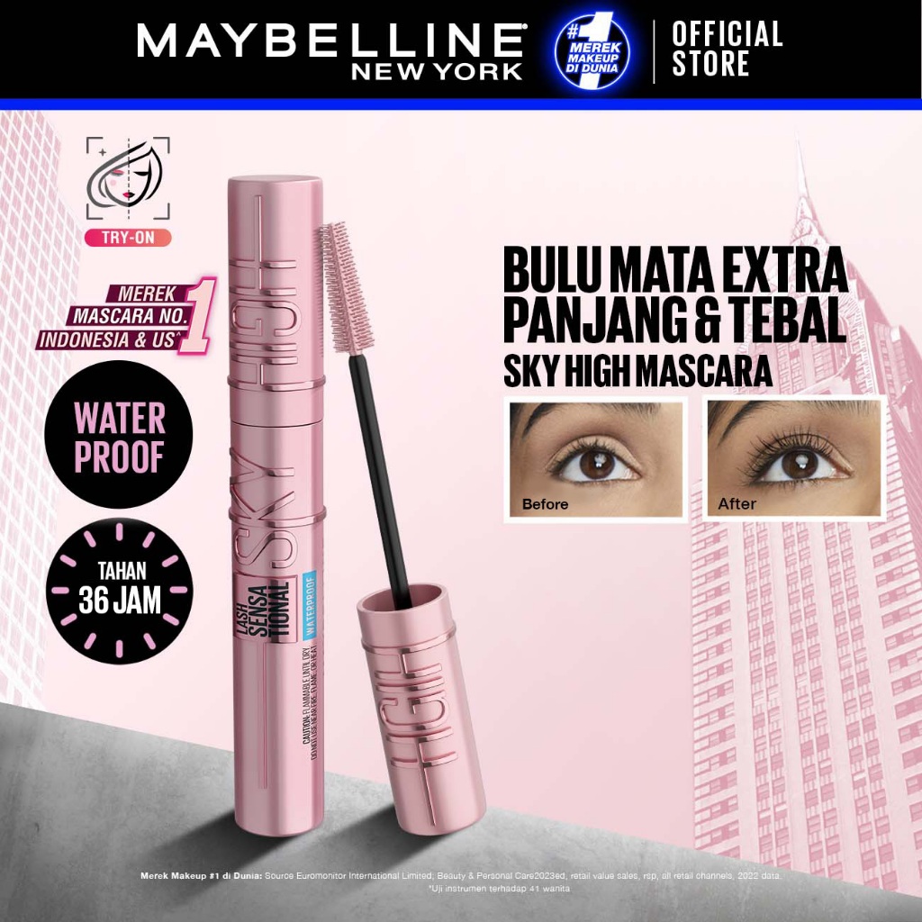 Maybelline Sky High Waterproof Mascara 6ml Maskara Eye Make Up Eyeliner Waterproof Black Bulu Mata Panjang Tebal Tahan 24 Jam Hypercurl Superstay Matte Vinyl Ink - Gambar 2