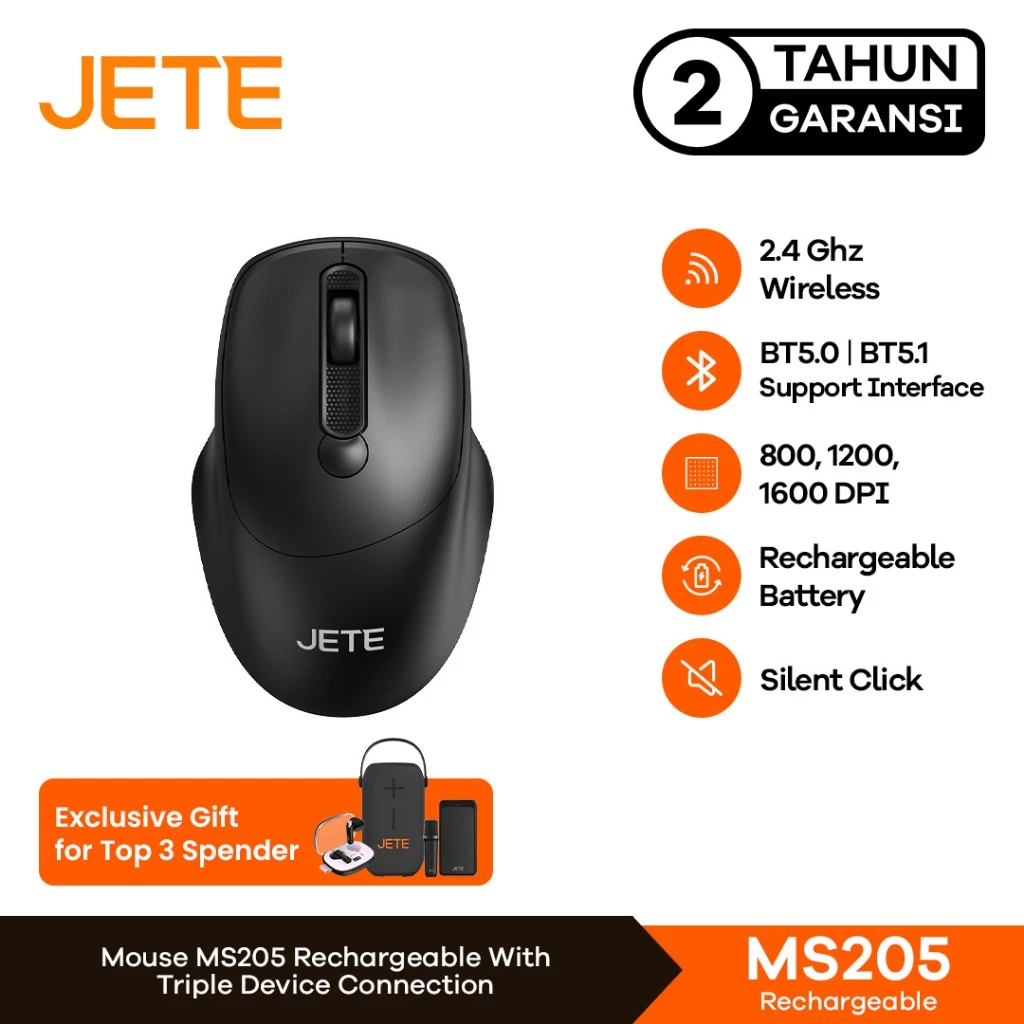 JETE Mouse Wireless Bluetooth Rechargeable MS205 Tanpa Kabel 1600Dpi Ergonomic Silent Click 3 Level DPI untuk Windows & Macbook (RTL)