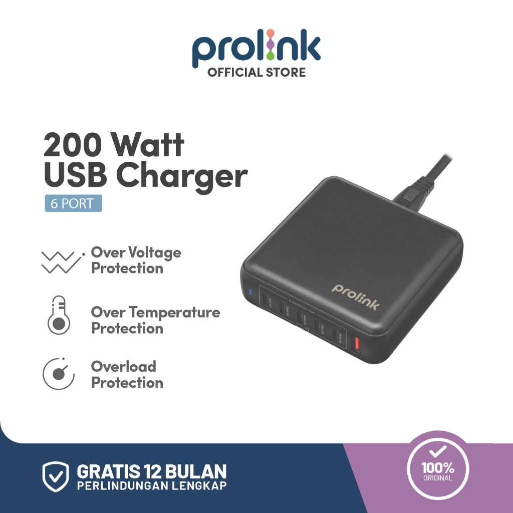 Prolink 200W / 6port / GaN PD 3.0 PPS Desktop Charger / Laptop / Tablet / Hp / Headset / Camera / Peralatan Gaming