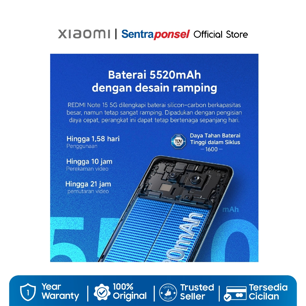 Xiaomi Redmi Note 15 5G 8GB/256GB 12GB/512GB / Baterai 5520mAh dengan desain ramping / Kaca layar dengan daya tahan - Gambar 2