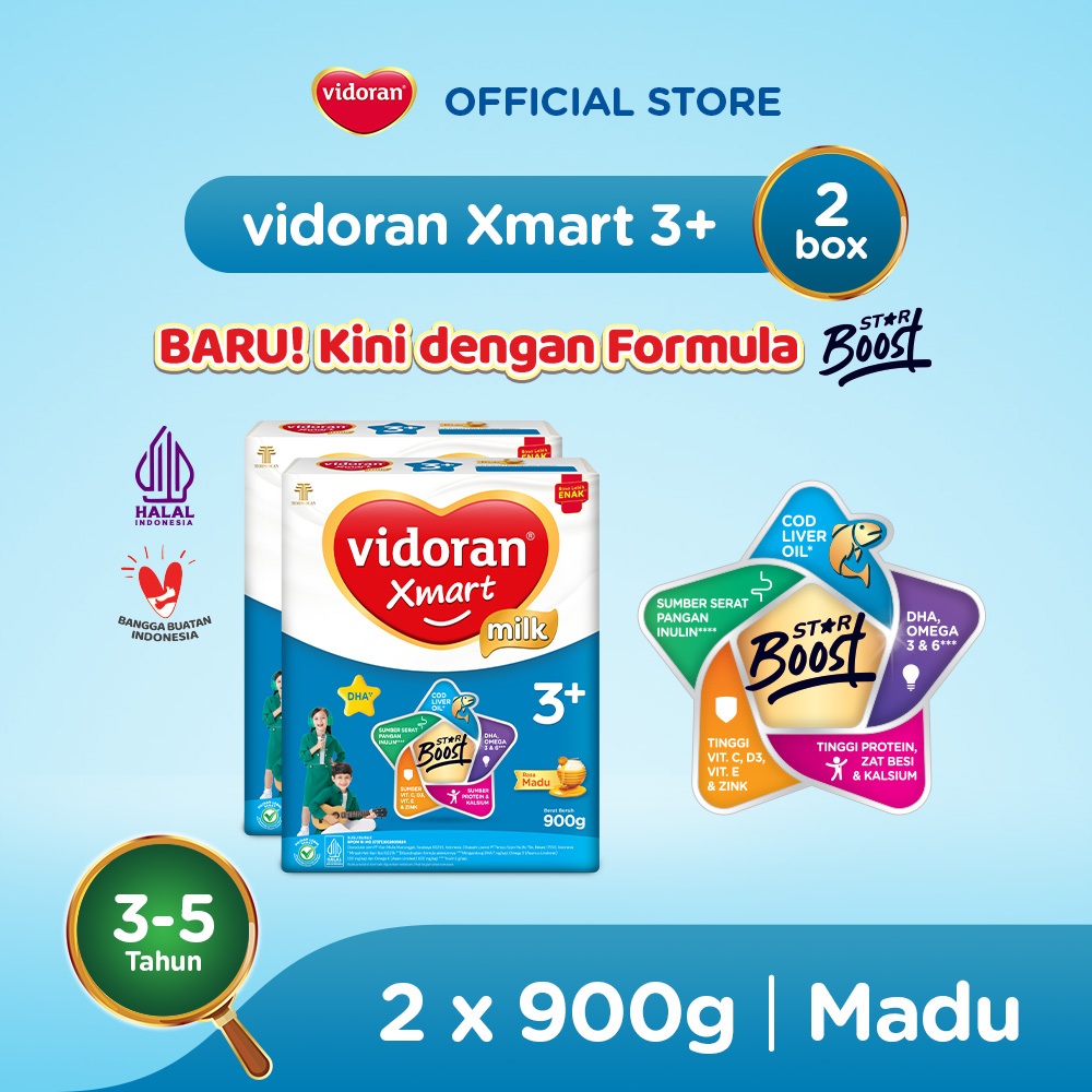vidoran Xmart 3+ All Variant 900gr Susu Formula Pertumbuhan Anak 3-5 Tahun - 2 box (Exp : 07.2027)