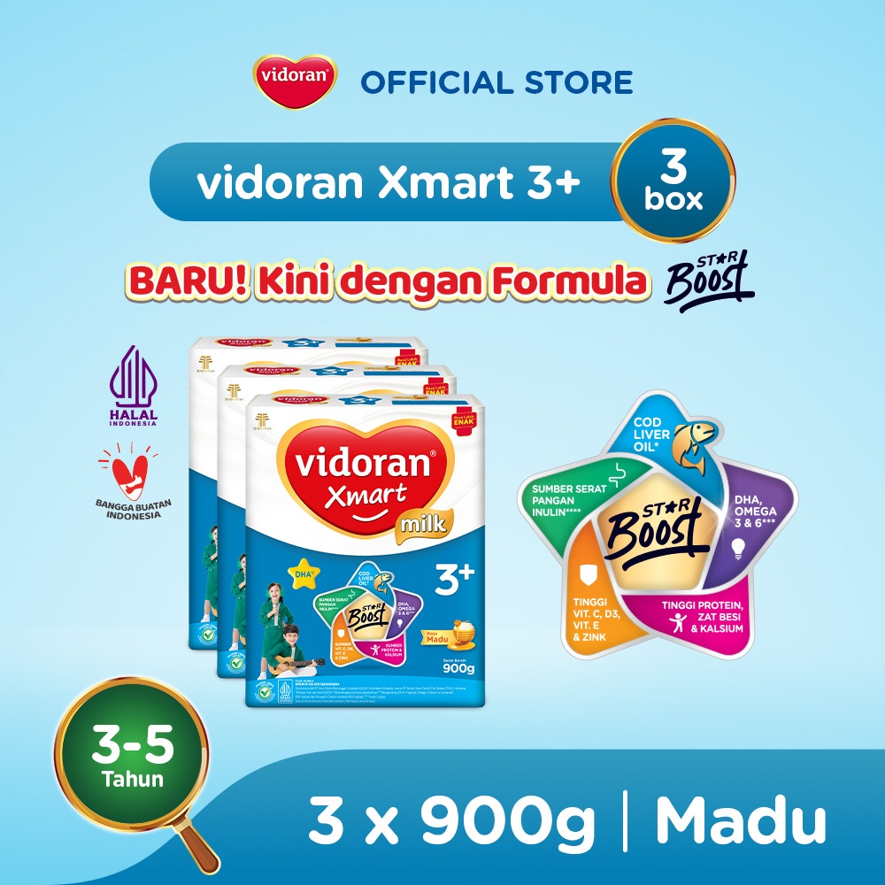 vidoran Xmart 3+ Madu 900gr Susu Formula Pertumbuhan Anak 3-5 Tahun - 3 box (Exp : 07.2027)