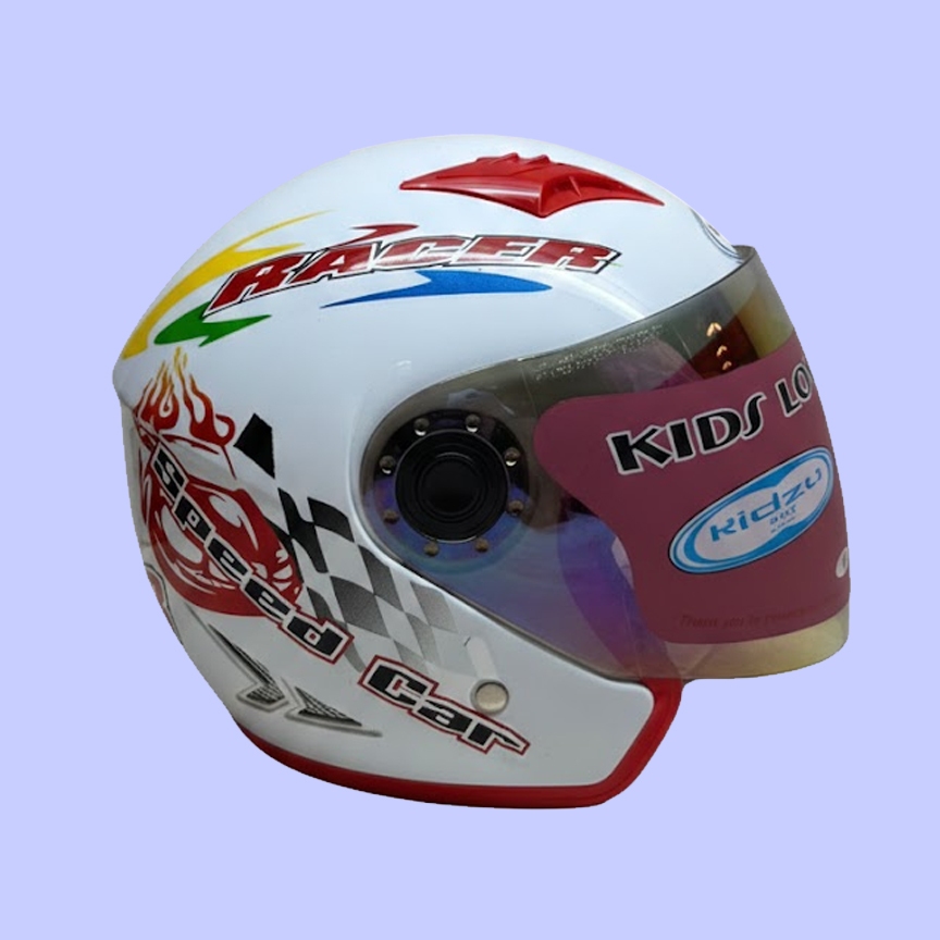 Helm Half Face Anak Kidzu Racer White Red (Kaca Rainbow) - Gambar 2