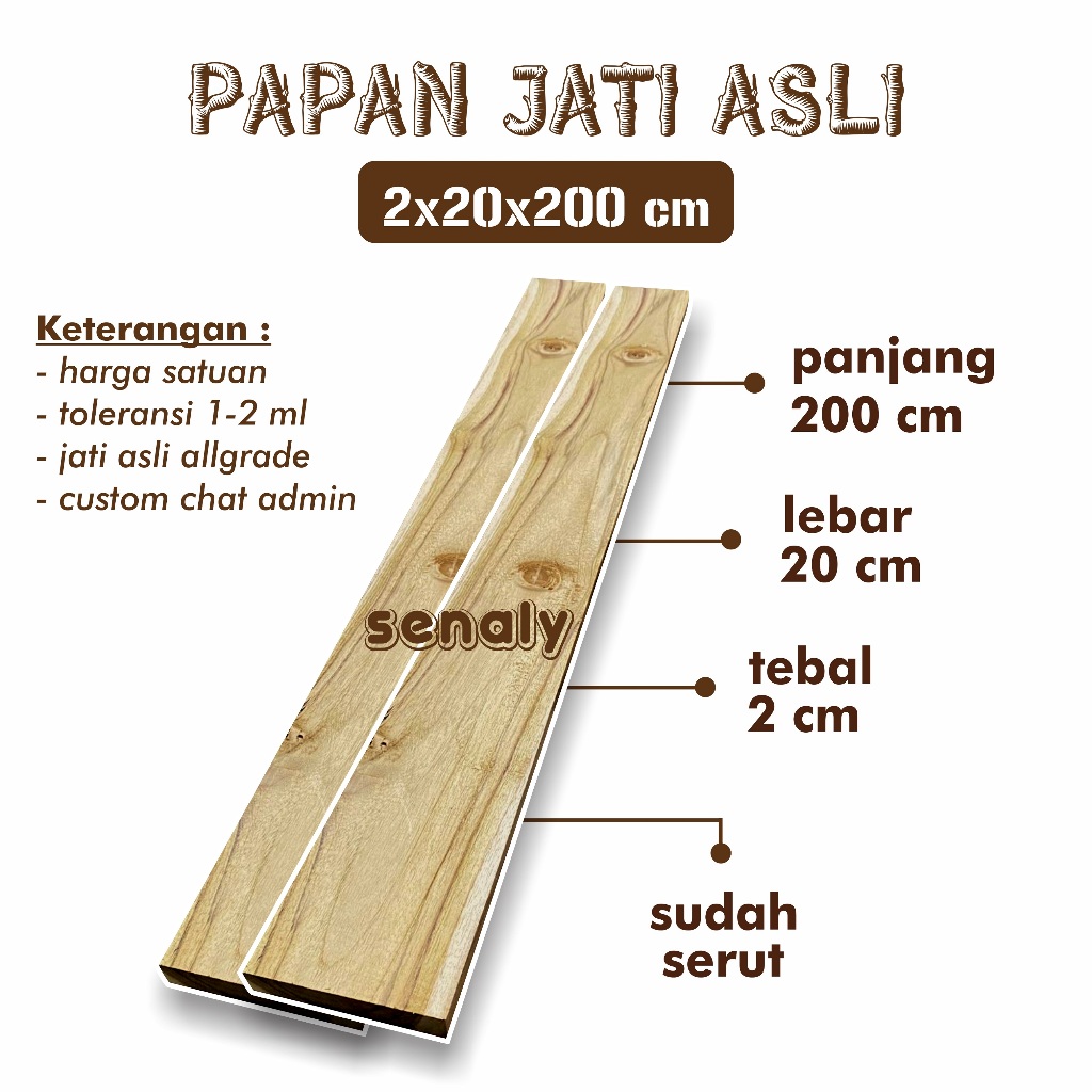 Papan 2x20x200 cm Kayu Jati Asli Allgrade Sudah Serut Rapi Bahan Kerajinan DIY Top Tabble Material Konstruksi