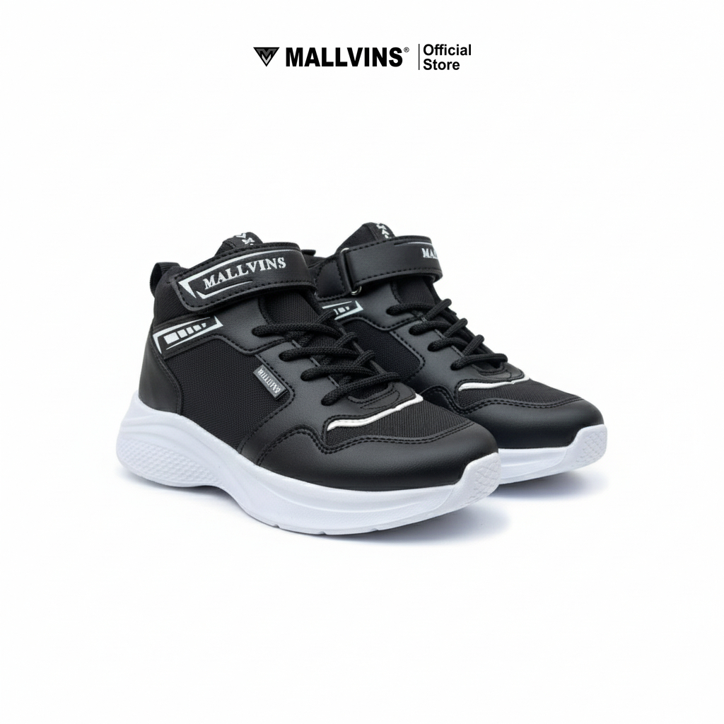 Mallvins - Galang Black White / Sepatu Sekolah Anak Laki Sneakers Sporty Ringan & Tangguh