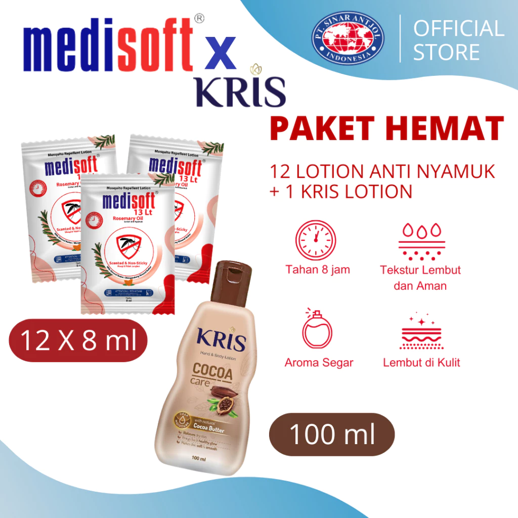 PAKET HEMAT 12 pcs Medisoft Lotion Anti Nyamuk 8ml SACHET + Kris Hand Body Losion Cocoa 100ml