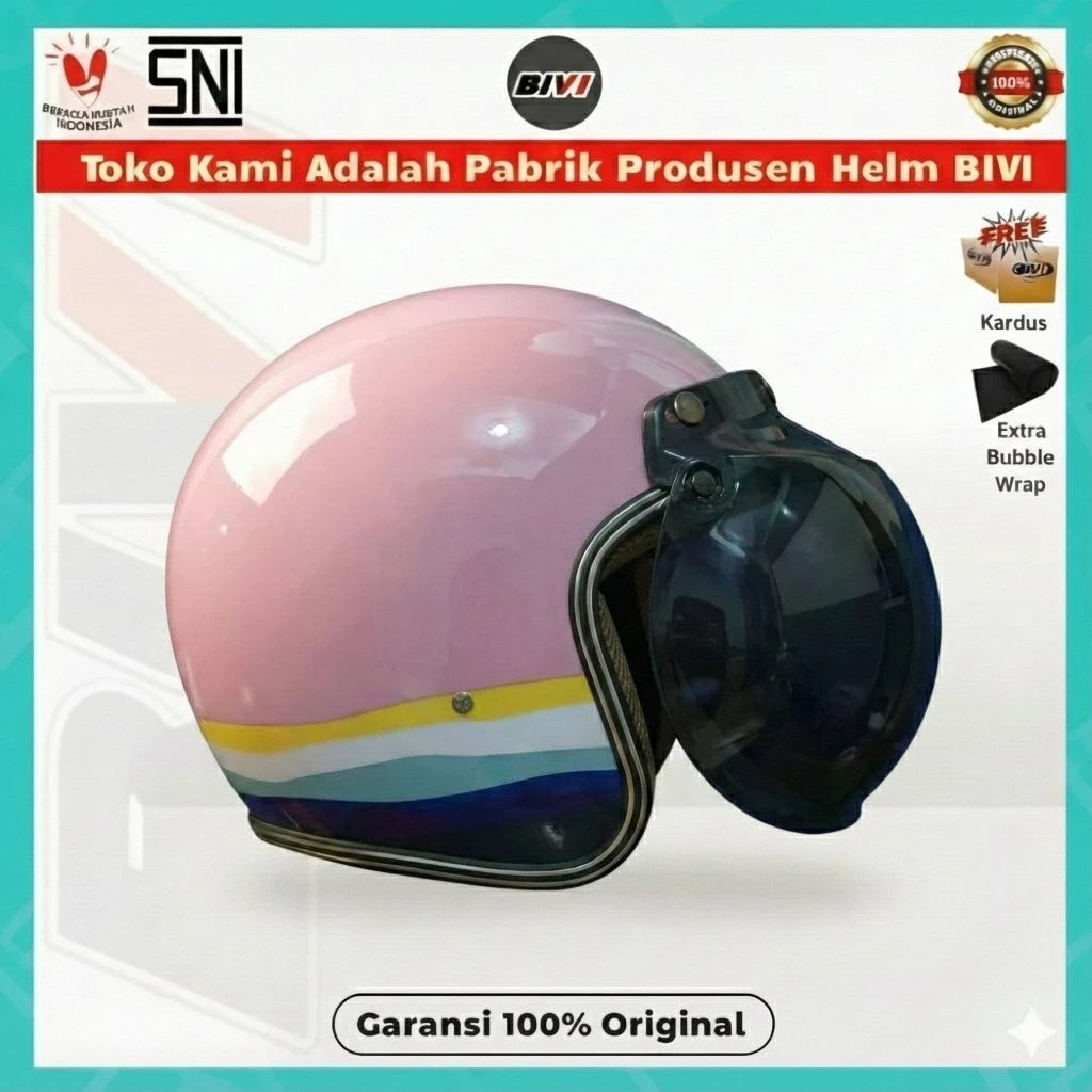HELM BIVI BOGO MOTIF OMBAK - BG SNI Retro Half Face Pria Wanita Hijab+Kaca