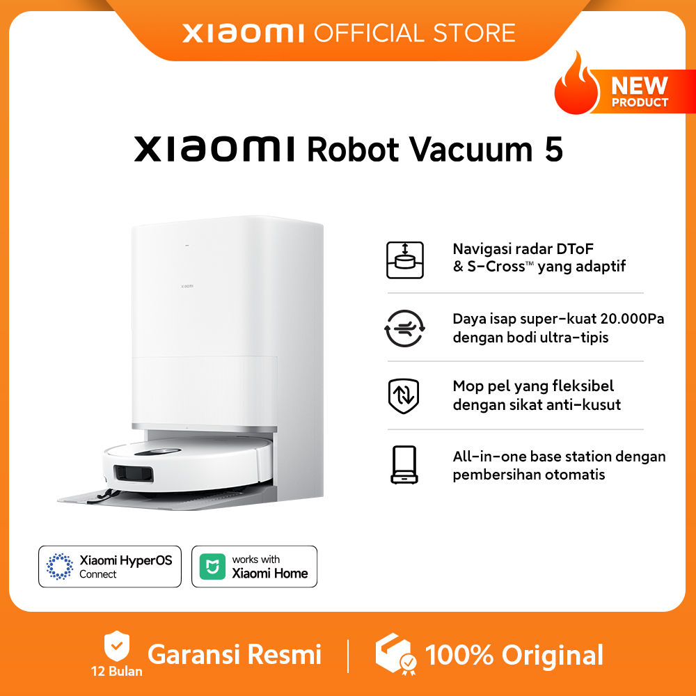 Xiaomi Robot Vacuum 5 / Navigasi radar DToF & S-Cross adaptif / Daya isap super kuat 20.000Pa dengan bodi ultra-tipis / Mop pel fleksibel sikat anti kusut / Vacuum Cleaner [Xiaomi Official Store]