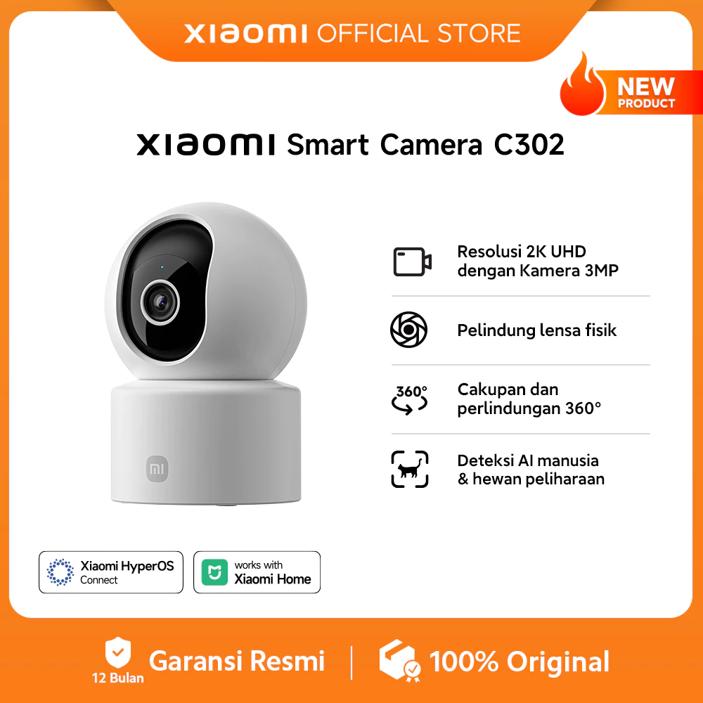 Xiaomi Smart Camera C302 / Resolusi 2K UHD dengan Kamera 3MP / Pelindung lensa fisik / Cakupan dan perlindungan 360° / Deteksi AI manusia & hewan peliharaan / CCTV WiFi [Xiaomi Official Store]
