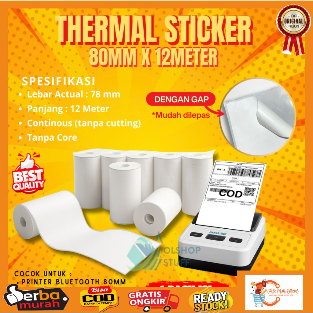 Little Mall THERMAL STICKER PAPER 80MM X 12 METER CONTINUOUS LABEL ...