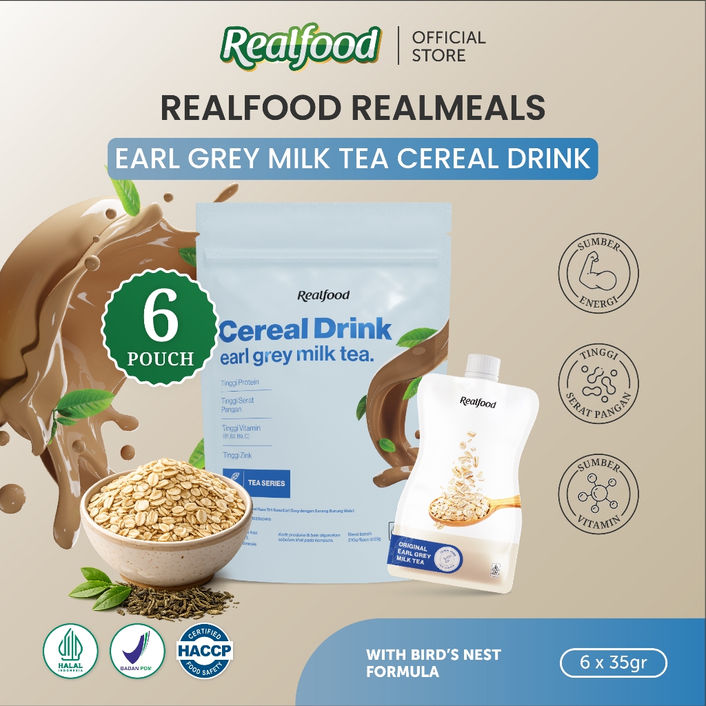 Realfood Realmeals Cereal Protein Drink / Meal Replacement / Pengganti Makan Ringan / 12g Protein / Mix Grains / Rice Crisps / Bird's Nest Extract / Chia Seed / Low Sugar / Rendah Gula / Snack Sehat / Kenyang Lebih Lama / Milk Tea Series - Gambar 2
