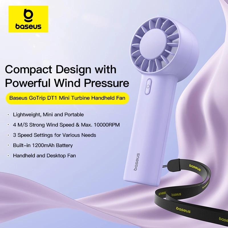 Baseus GoTrip DT1 Mini Handheld Fan Turbo Fan Adjustable Cooling Strong Wind Hand Small Pocket Fan