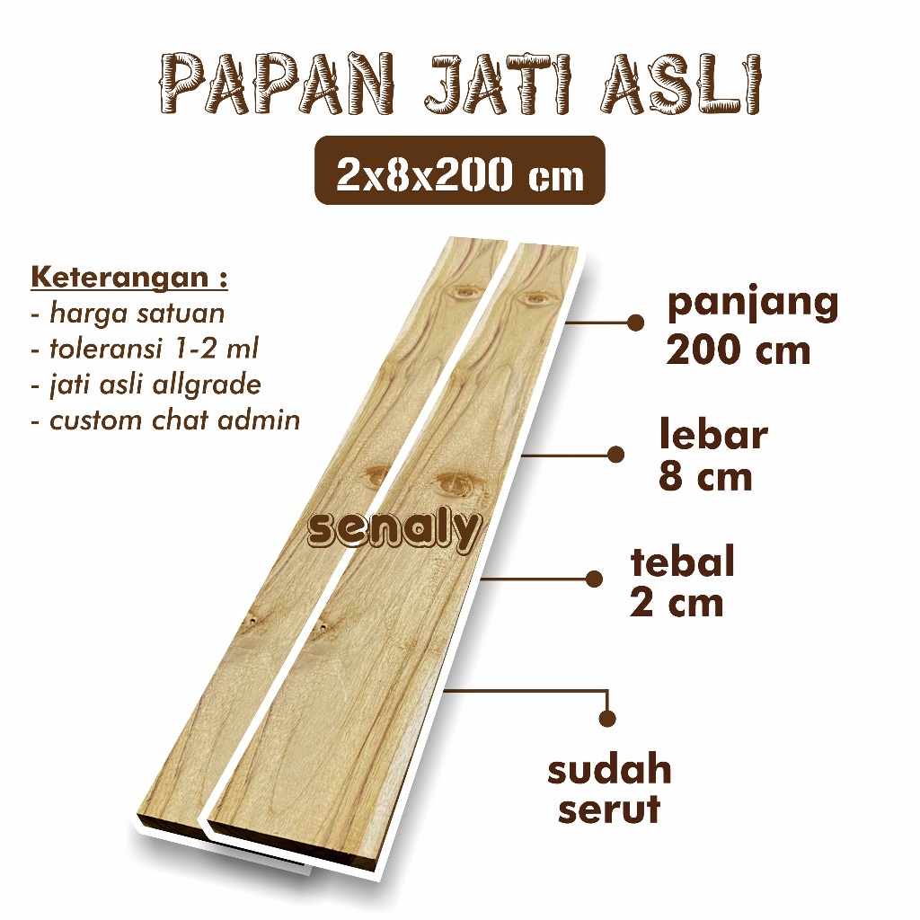 Papan Kayu Jati Asli 2x8x200 cm Allgrade Kondisi Sudah Serut Rapi