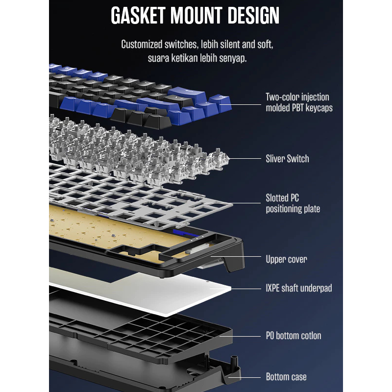 GAMEN Titan 9 Gaming Keyboard Mechanical Gasket Mount Silver Switch Linear PBT Double Shot Keycaps Customize - Gambar 3