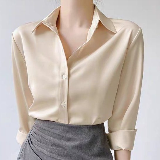 [Premium] 99kOUTLET Kemeja Satin Polos Wanita Lengan Panjang Atasan Full Kancing (S/M/L/XL) 7053 Pakaian Women Long Sleeve Shirt Basic Plain