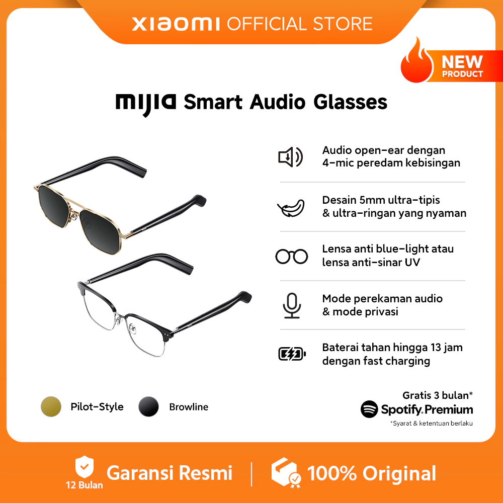 Xiaomi Mijia Smart Audio Glasses / Audio open-ear dengan 4-mic peredam kebisingan / Desain 5mm ultra-tipis & ultra-ringan yang nyaman / Lensa anti blue-light atau lensa anti-sinar UV / Mode perekaman audio & mode privasi / Baterai tahan hingga 13 jam den
