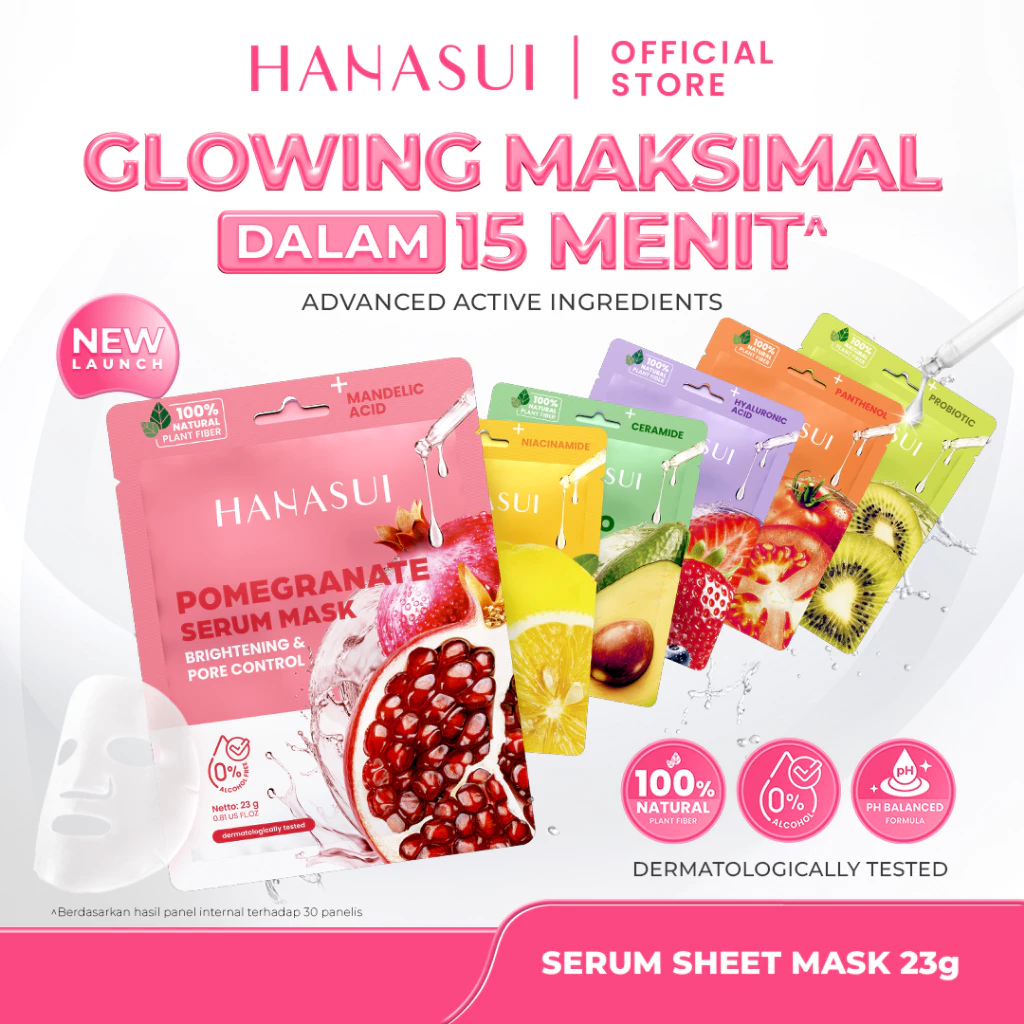 Hanasui Serum Sheet Mask - Masker dengan Kandungan Serum Bahan 100% Serat Alami Lembut di Kulit untuk Mencerahkan Melembapkan Menenangkan