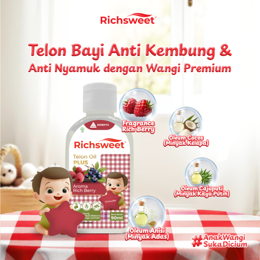 Richsweet Minyak Telon Plus Aroma Rich Bery 90ml [3 BOTOL] / Perlindungan sampai 12 Jam Anti Nyamuk + Ekstrak Daun Bidara - Gambar 3