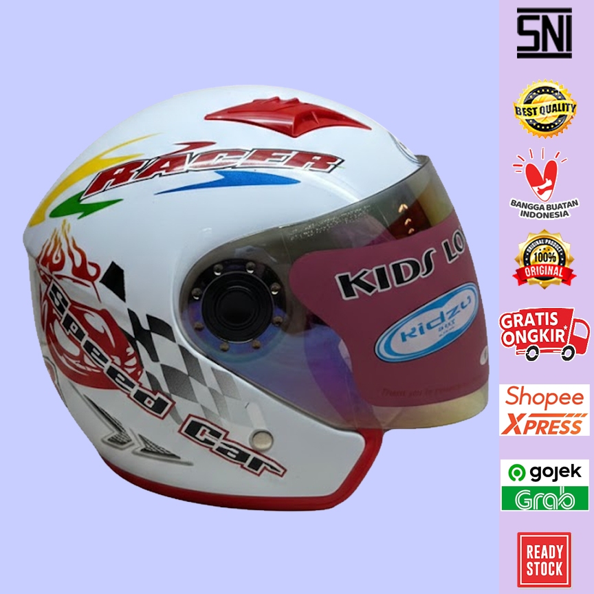 Helm Half Face Anak Kidzu Racer White Red (Kaca Rainbow)