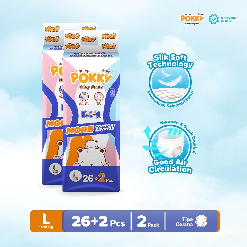 [2 BAG] POKKY Pants Popok Celana Bayi TWINPACK (2 BALL) M28+2/L26+2/XL24+2/XXL22+2 - Gambar 2