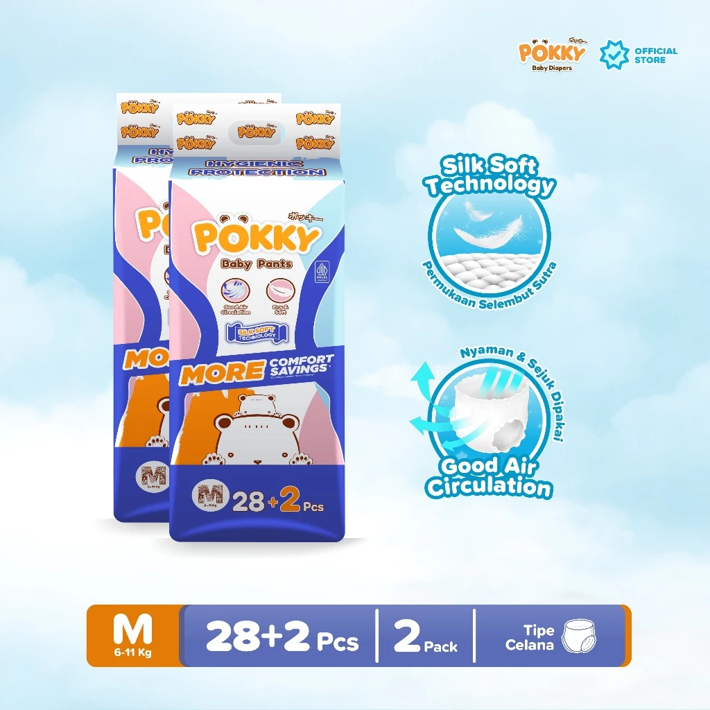 [2 BAG] POKKY Pants Popok Celana Bayi TWINPACK (2 BALL) M28+2/L26+2/XL24+2/XXL22+2