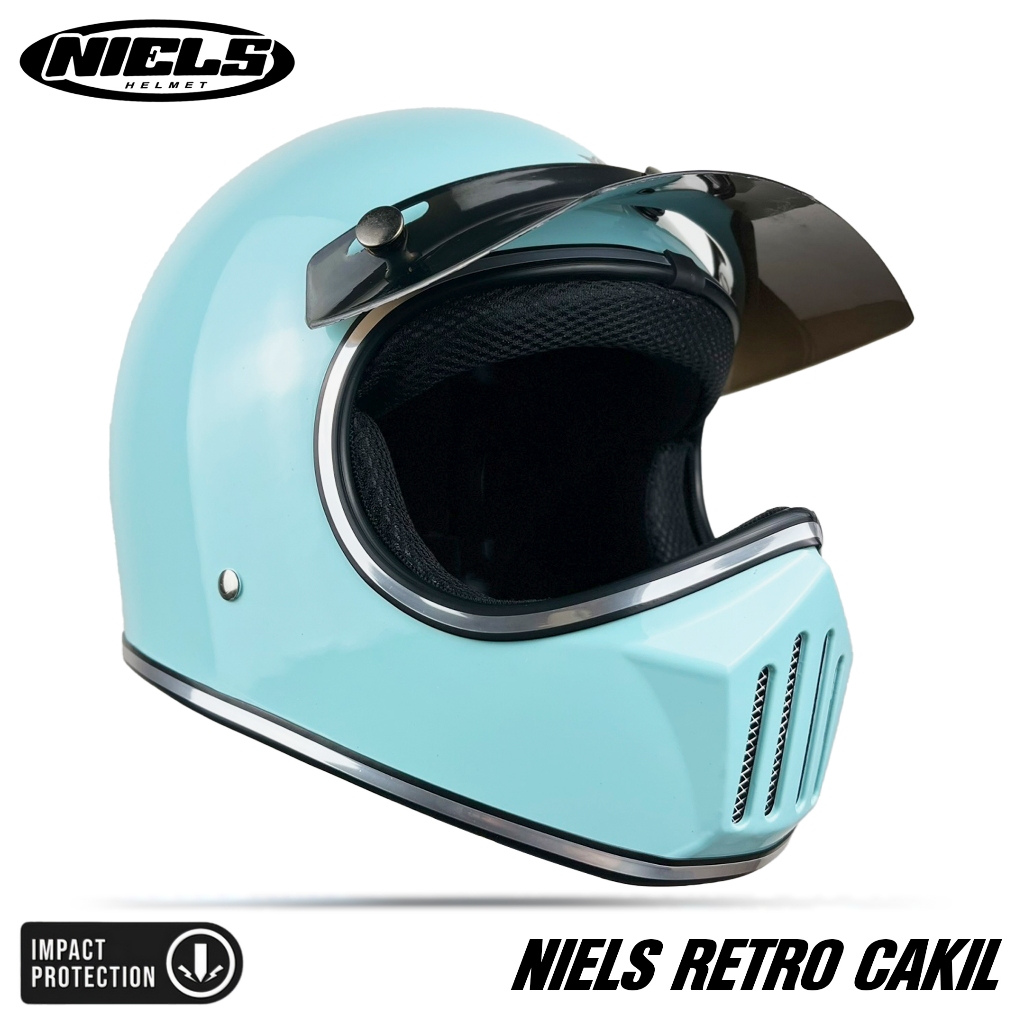 Helm Full Face SNI NIELS Model Cakil Retro - Chrome Look, Free Pet, Aman & Stylish untuk Harian