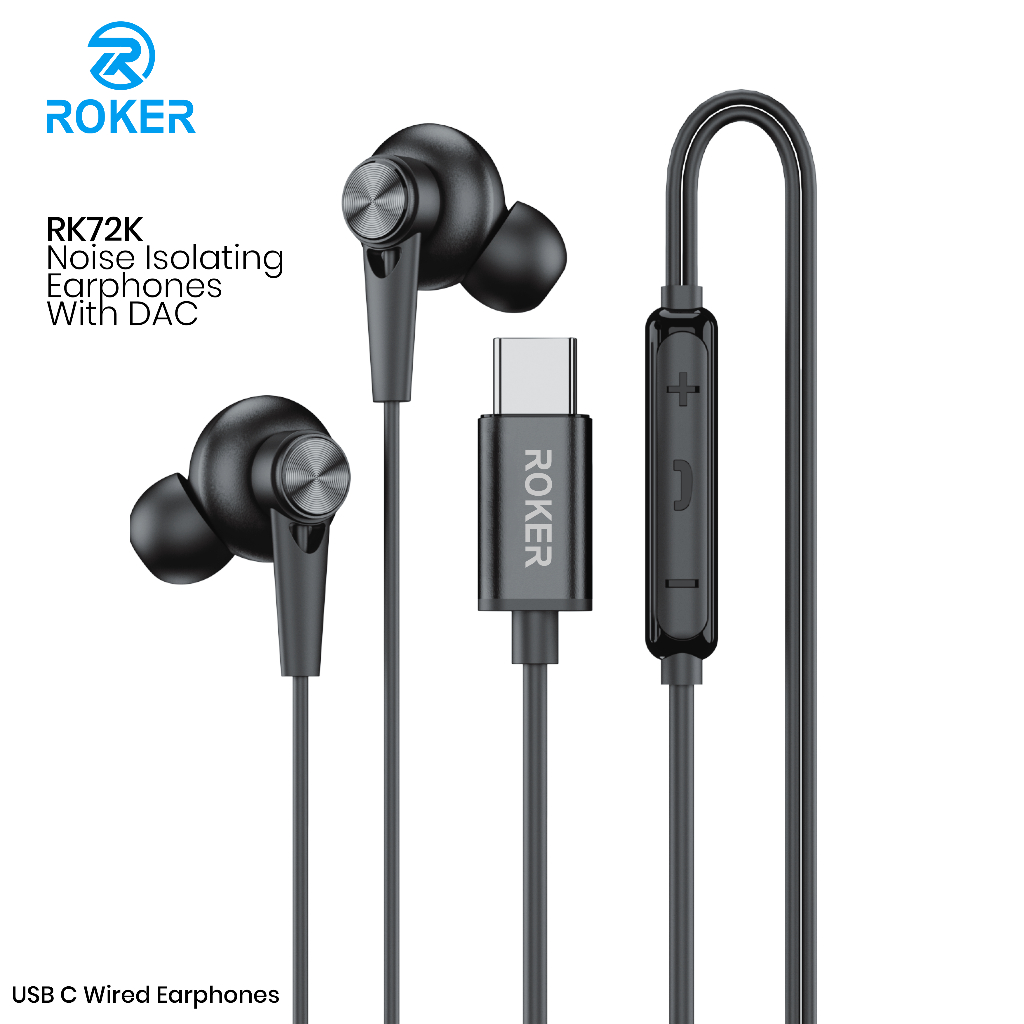 ROKER RK72K Metal Earphone USB-C dengan DAC Internal Hi-Fi Stereo Noise Isolating Mic Volume Control